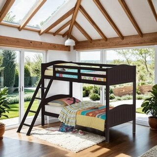 Elegant Twin over Twin Bunk Bed with Camelback Headboard, Angled Ladder, Guardrails & Mission-Style Design, Espresso
