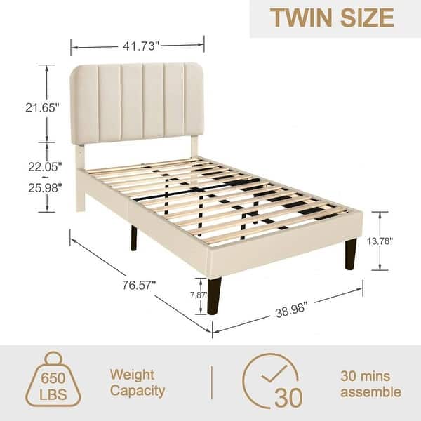 dimension image slide 4 of 5, Twin Upholstered Platform Bed Frame with Headboard and 12 Wooden Slats, Adjustable Height,