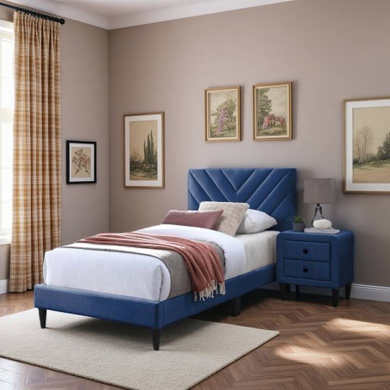 Twin Velvet Bed with Adjustable Headboard, V-Stitching Design, 12-Slat Support System, No Box Spring Needed - Navy Blue