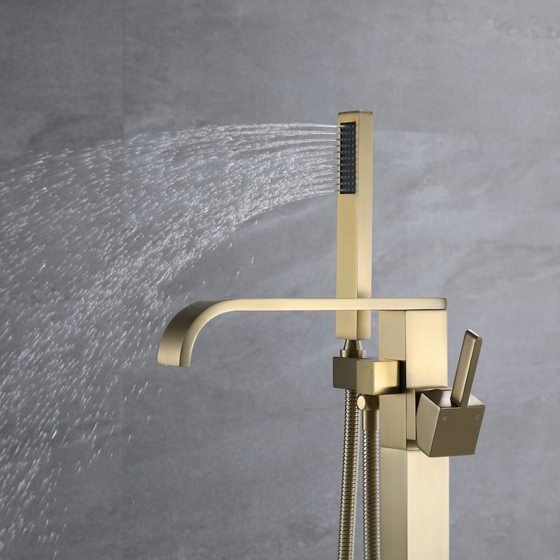 34.6"H Solid Brass Freestanding Waterfall Tub Filler with Handheld Shower