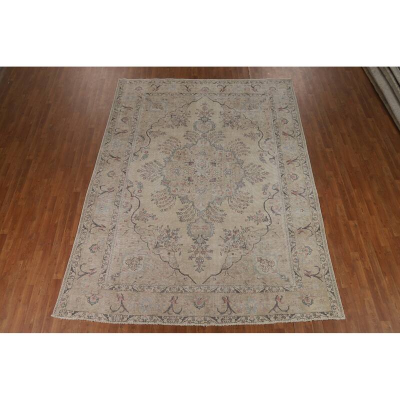 Floral Tabriz Persian Area Rug Hand-Knotted Beige Wool Carpet - 8'2"x 10'11"