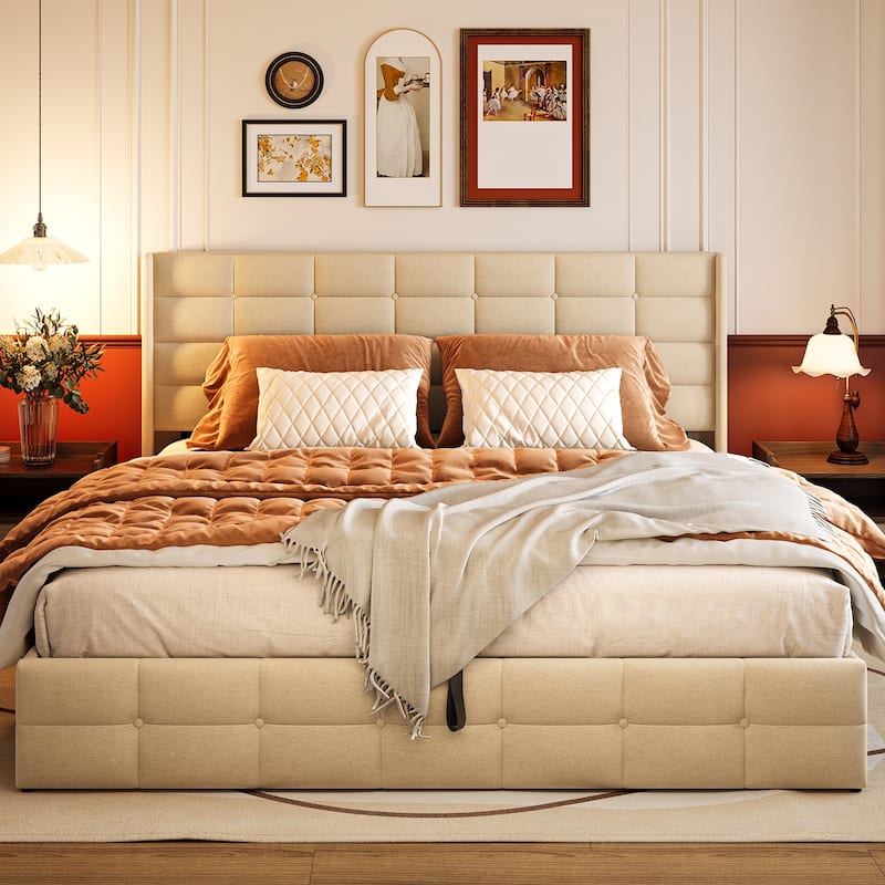 Lift Up Storage Bed Frame, Upholstered Platform Bed Frame with Hydraulic Storage System and Headboard