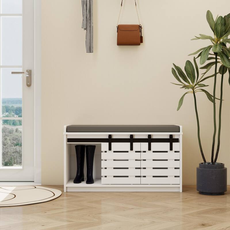 Modern Shoe Storage Bench, 2-Tier Entryway Bench with 2 Sliding Barn Doors & Full Soft Removable Seat Cushion