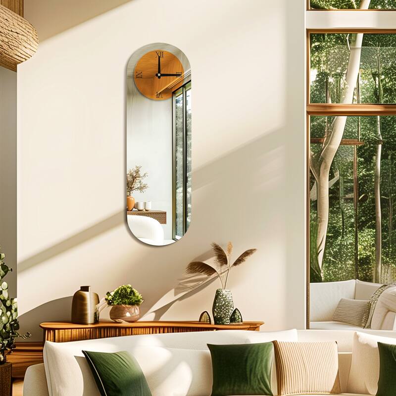Large Oval Mirror with Wall Clock, 40 x 13, Modern Concise Wall Decor