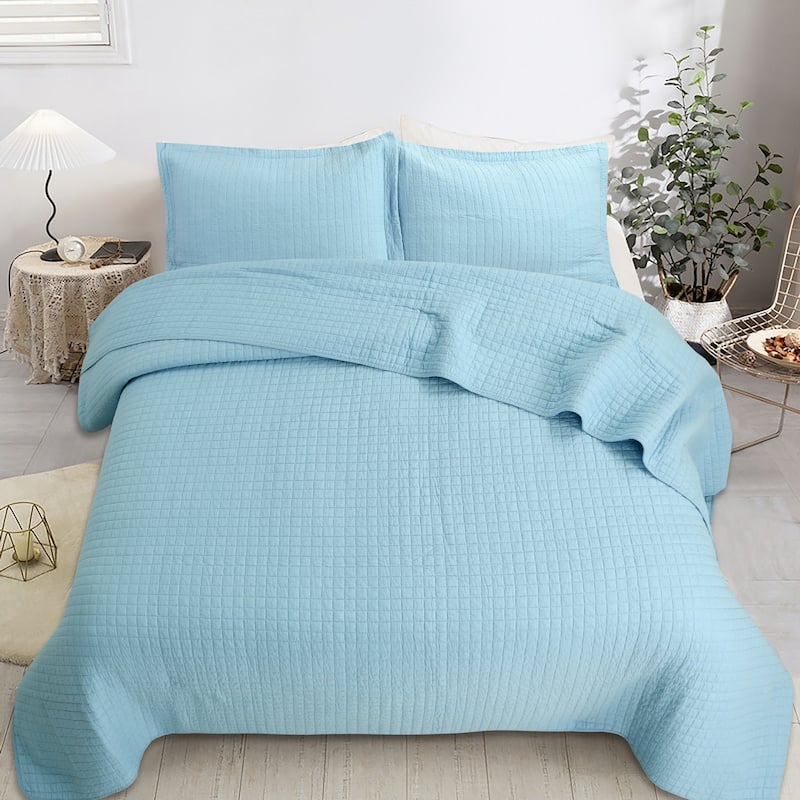 3 Pcs White Cotton Quilt Set Lightweight Bedspread Set Check
