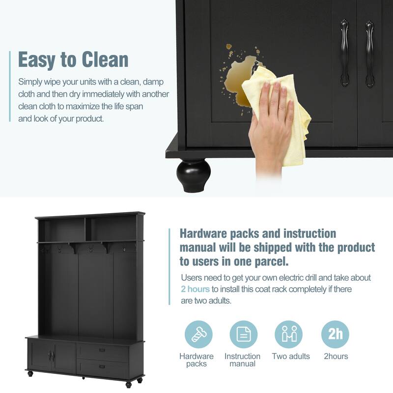 Modern Hall Tree Cabinet Coat Rack with Bench & Double-Side Hooks, Storage Cabinet with Drawers