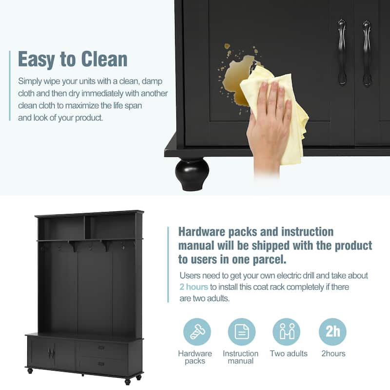 Modern Style Hall Tree with Storage Cabinet and 2 Large Drawers and 5 Coat Hooks