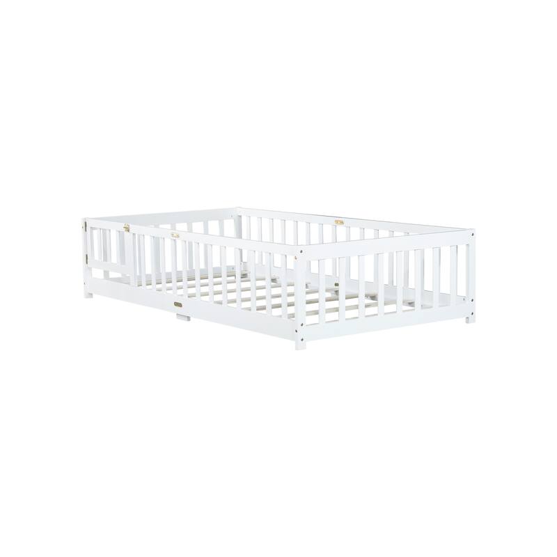 Floor Bed with Fence,Door and Safety Guardrails,Perfect for Kids' Play,Sleep and Development
