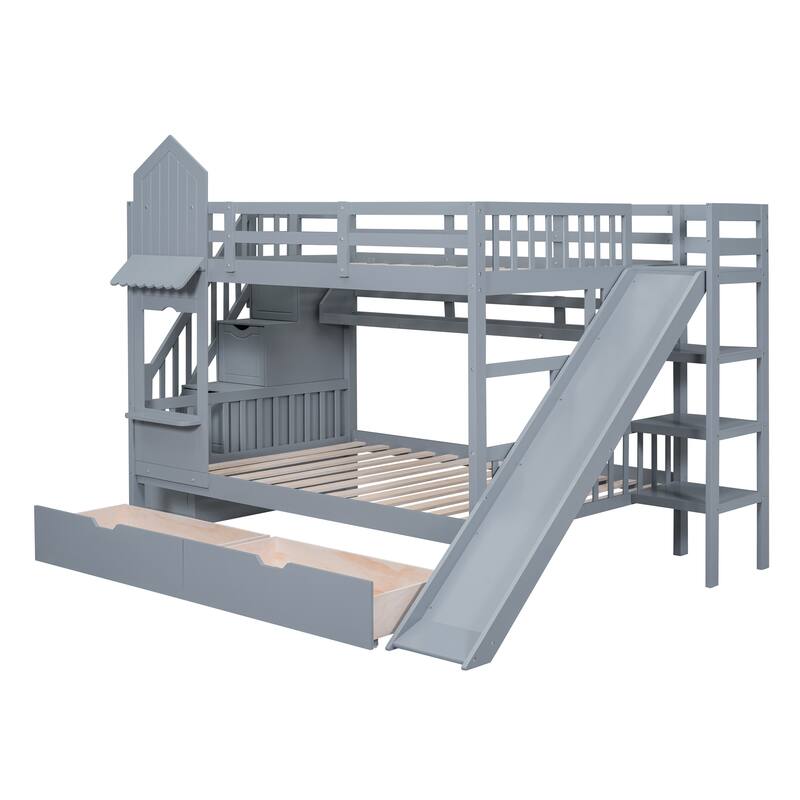 Castle Style Twin/Full Bunk Bed with Slide, 2 Drawers, 3 Shelves, and Playhouse Design