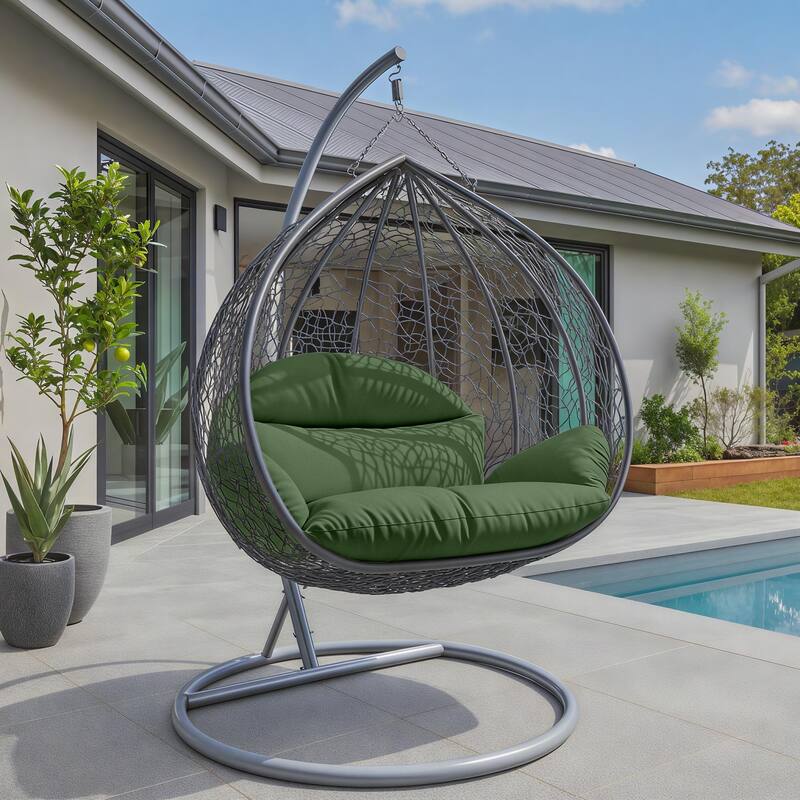 2-Person Egg Swing Chair with Grey Stainless Steel Frame, Cushioned 2-Seater Porch Swing for Outdoor and Indoor Use