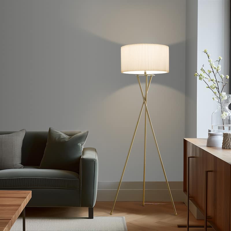 Brightech Jaxon 60 in. Antique Brass Tripod Super Bright LED Midcentury Modern Floor Lamp with White Fabric Drum Shade