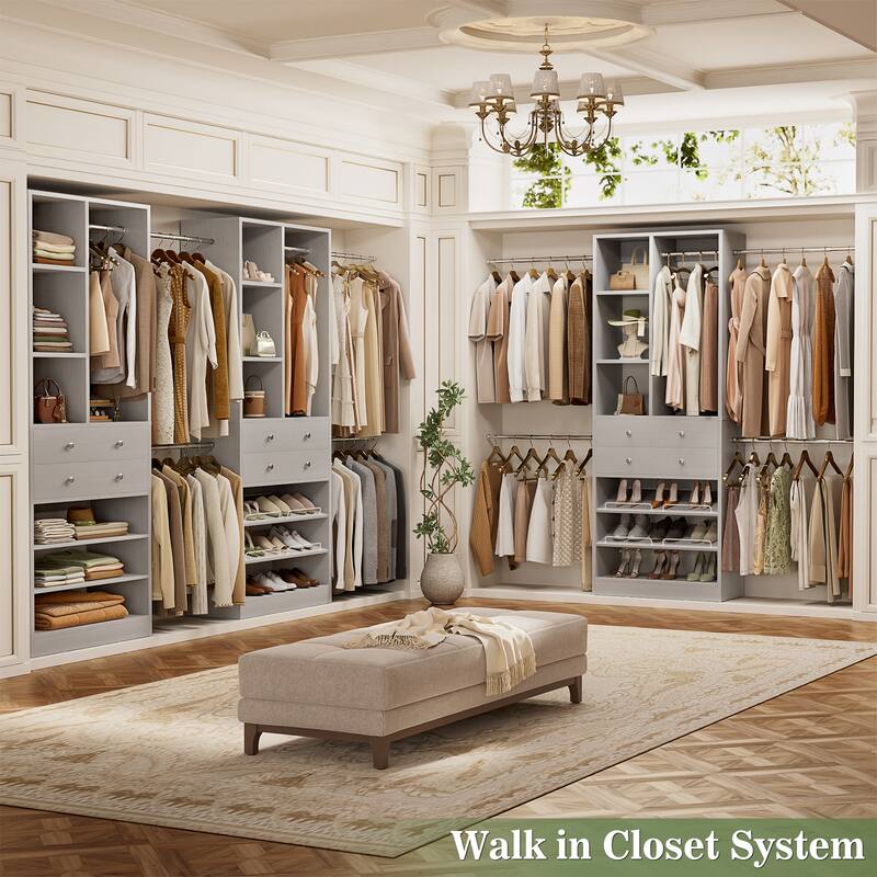 Closet Organizer with 5 Hanging Rods and 2 Drawers, Adjustable Closet System with Shelves and Shoe Rack