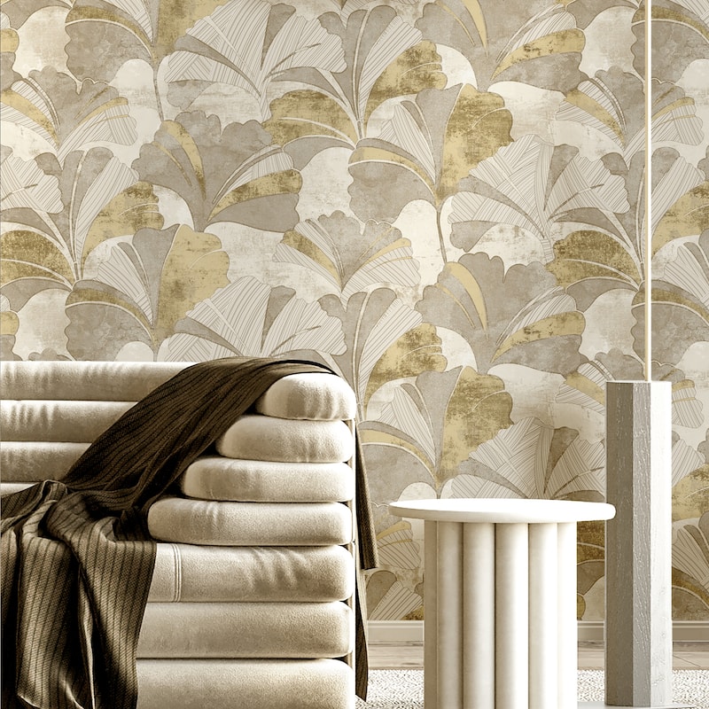 Galerie Wallcoverings Stratum Collection Ginko Leaf Vinyl on Non-woven Metallic Wallpaper Roll Double Width