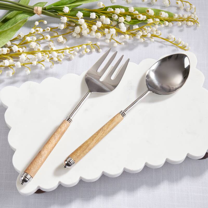 Mango Wood Handle Serving Set - Stainless Steel Fork & Spoon for Salads, Buffets & Entertaining