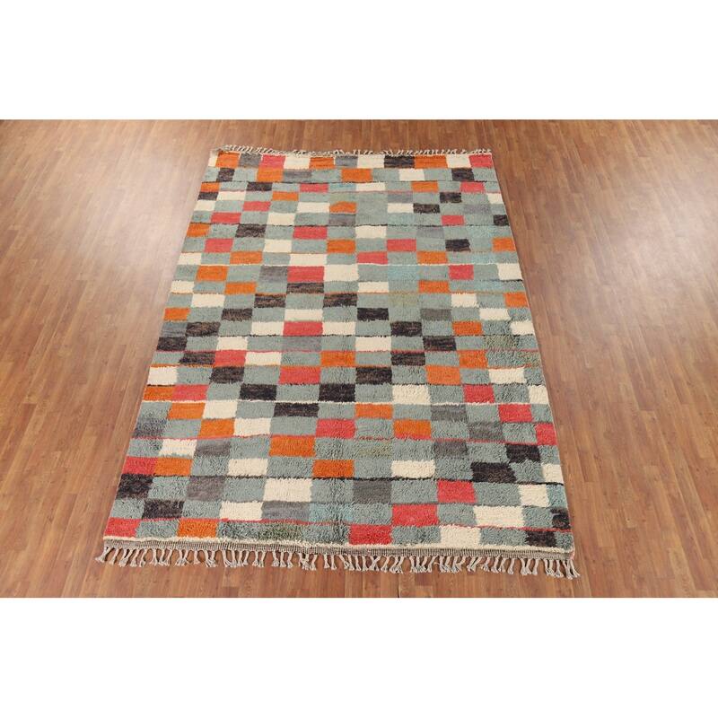 Checkered Moroccan Area Rug Hand-Knotted Wool Carpet - 8'0" x 10'11"