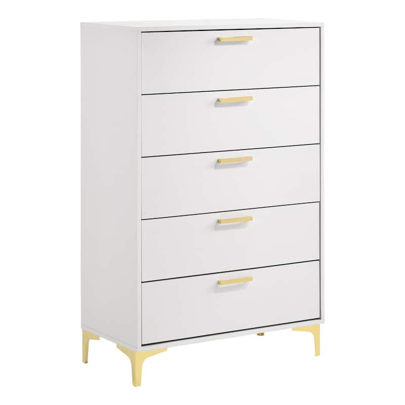Lif 50 Inch Modern 5 Drawer Tall Dresser Chest, Gold Accents, Smooth White