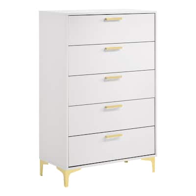 Lif 50 Inch Modern 5 Drawer Tall Dresser Chest, Gold Accents, Smooth White