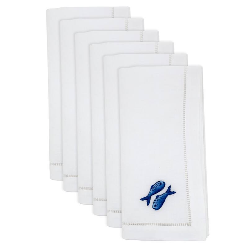 Embroidered Double Fish Cotton Napkins (Set of 6) - Hemstitch Border with Coastal-Inspired Motif, 20"x20"