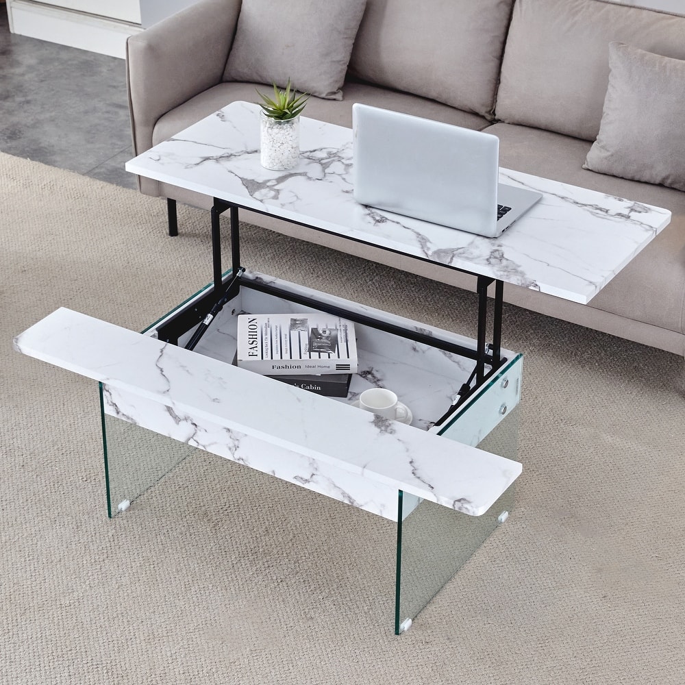 Roomfitters Lift Top Coffee Table with Glass Legs and Storage, Light Wood Grain Finish, Modern Living Room Style