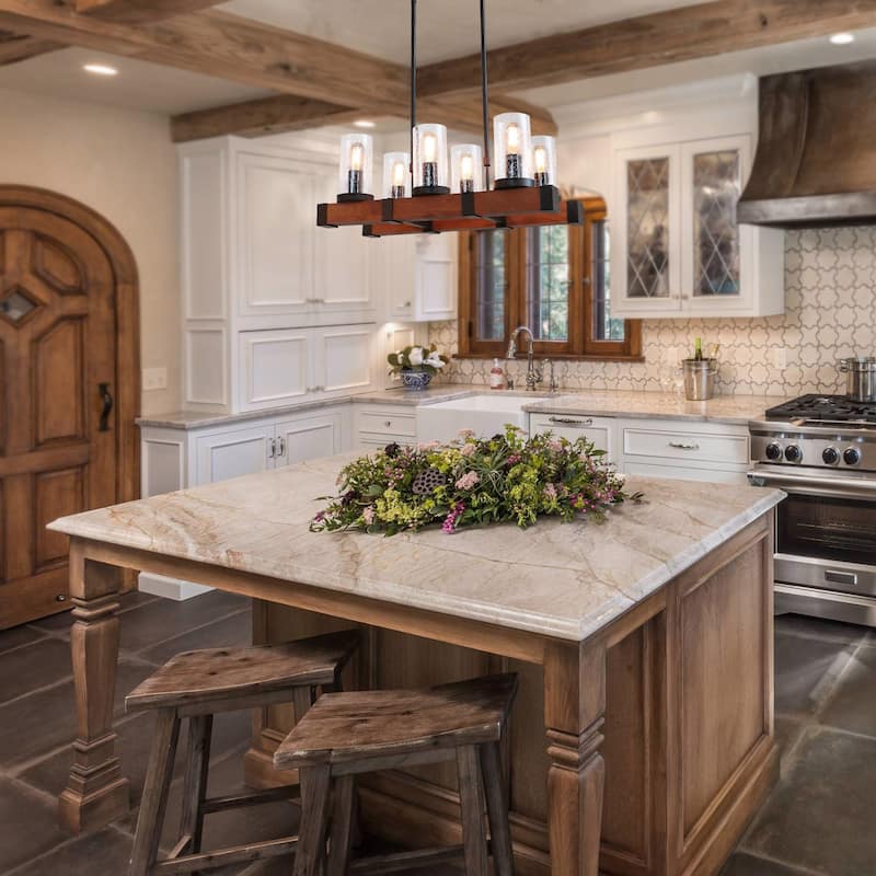 Anmytek Modern Farmhouse 6-Light Wood Black Chandelier Linear Kitchen Island Lights with Cylinder Glass