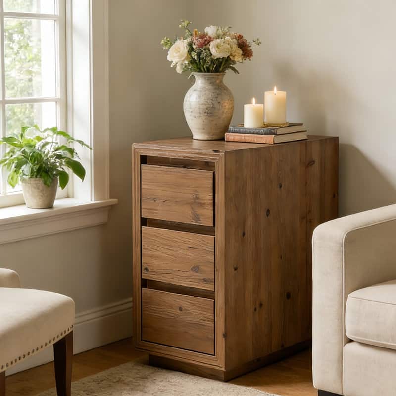 Solid Wood End Table with 3 Drawers, 23.62" H, No Assembly - Brown - 1 Pack