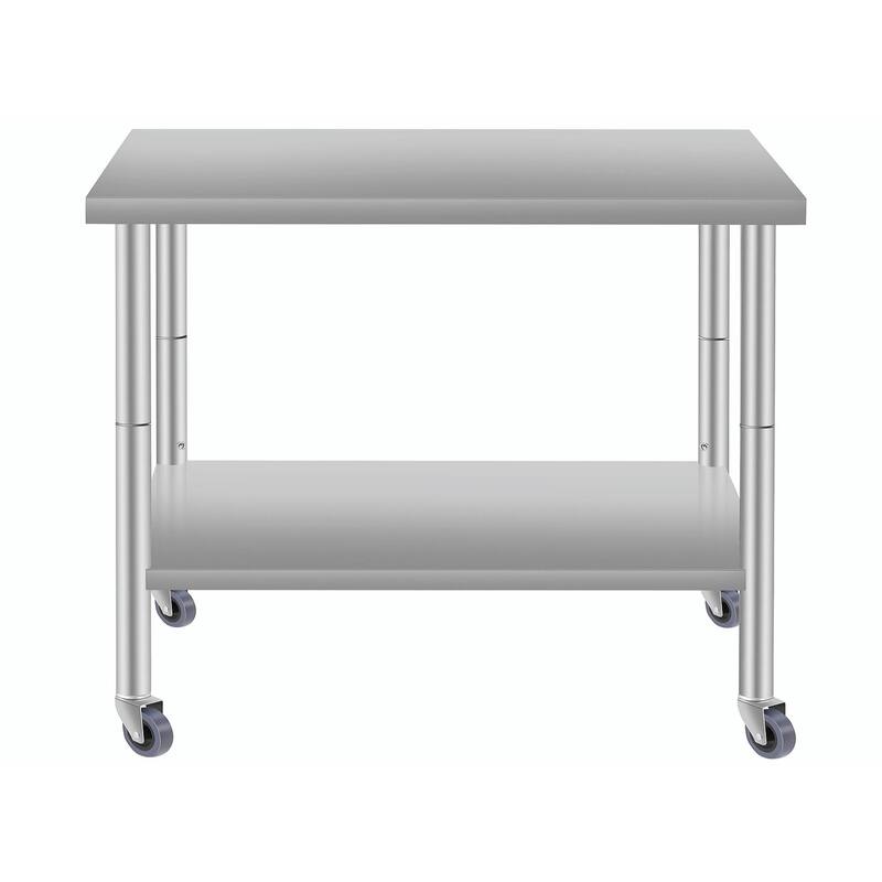 Stainless Steel Work Table - Commercial Table with Wheels & Shelf - 36" × 24" - With Wheels