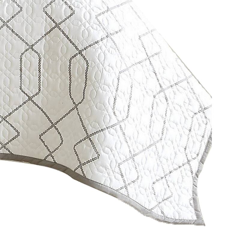 Jim 2 Piece Twin Size Reversible Coverlet Set, Geometric White and Gray