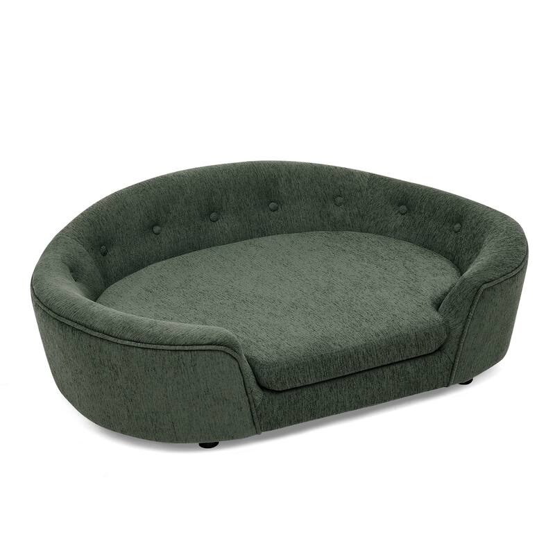 Oval Semi-Enclosed Dog Sofa, Durable Linen Material, Button-Tufted Backrest, High-Center Low-Sides Support Plush Comfort-Beige