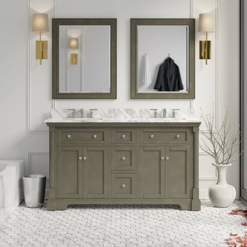 KitchenBathCollection Sydney 60" Double Bathroom Vanity with Carrara Marble Top