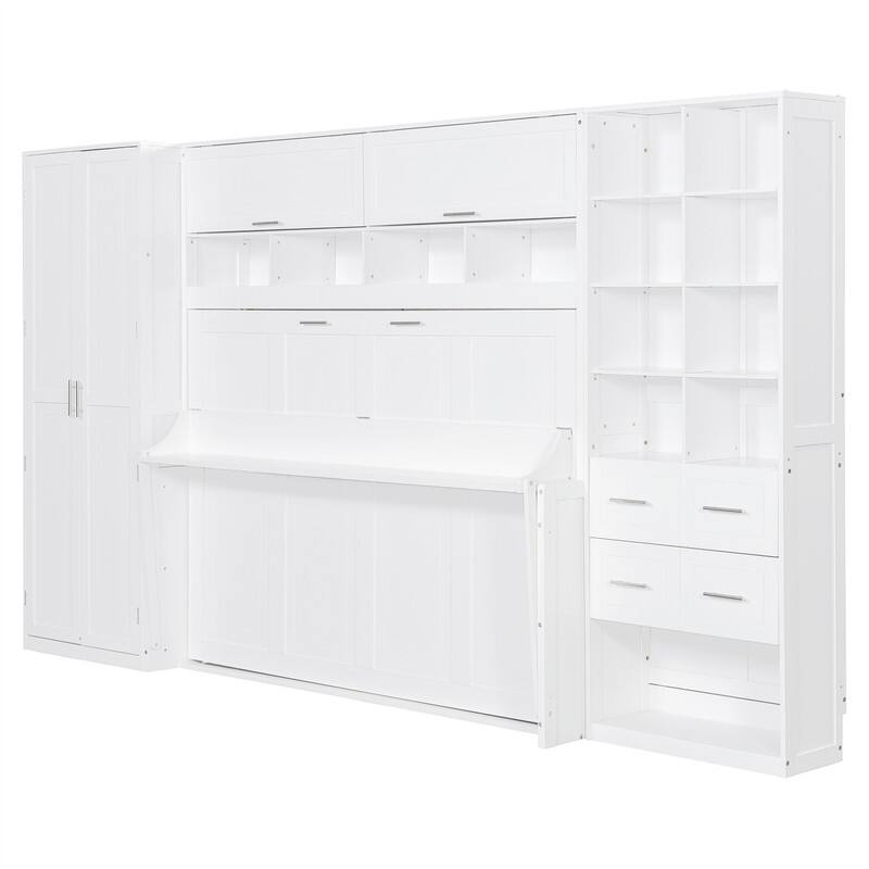 Full/Queen Size Murphy Wall Bed with Closet and 2 Storage Drawers, Space Saving Foldable Murphy Cabinet Bed with Storage Shelves