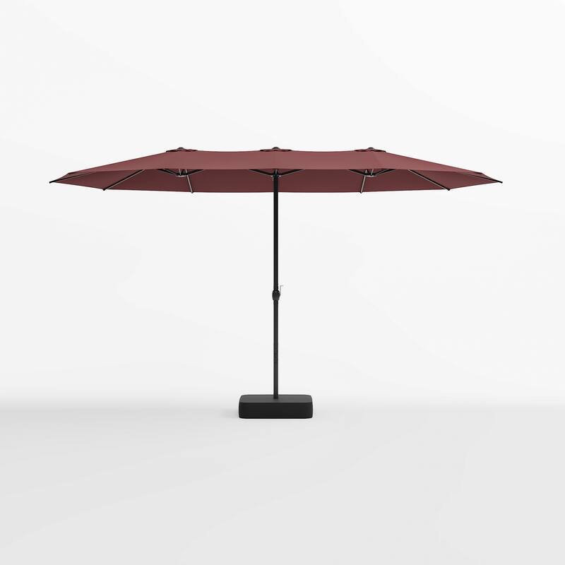15ft x 9ft Double Patio Umbrella with Base and Sandbags, Extra Large Twin Outdoor Market Umbrella with Auto Tilt, 180g Polyester