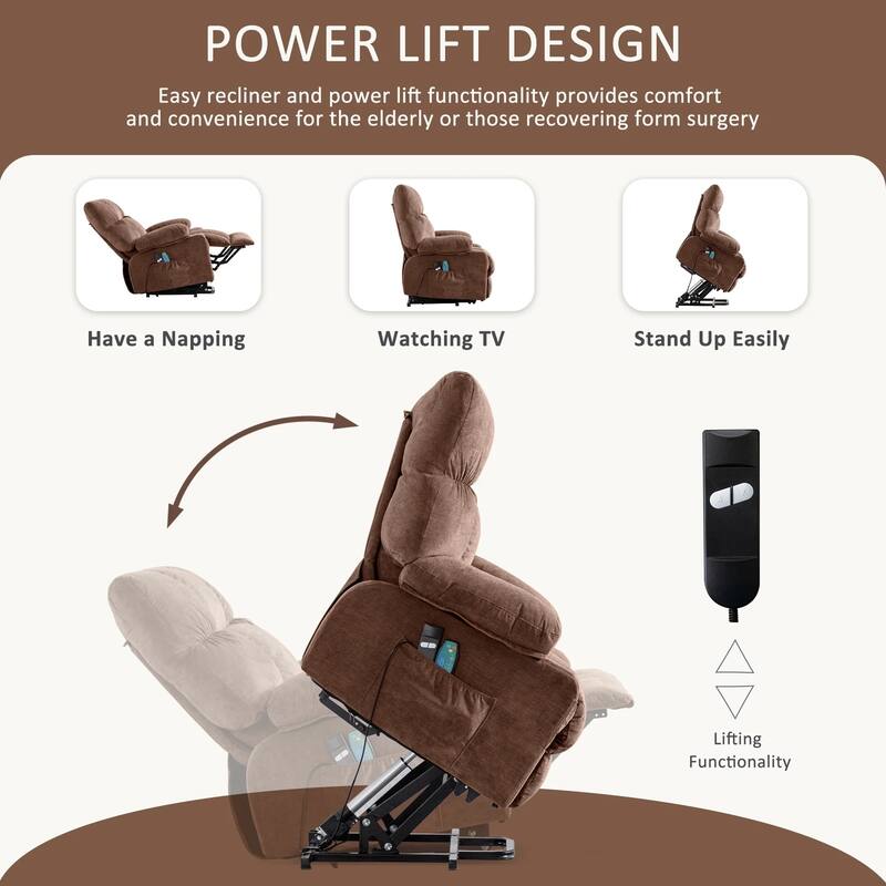 Blue Power Lift Recliner with Heat, Massage, USB Charging, Side Pockets, and Remote Control for Convenience