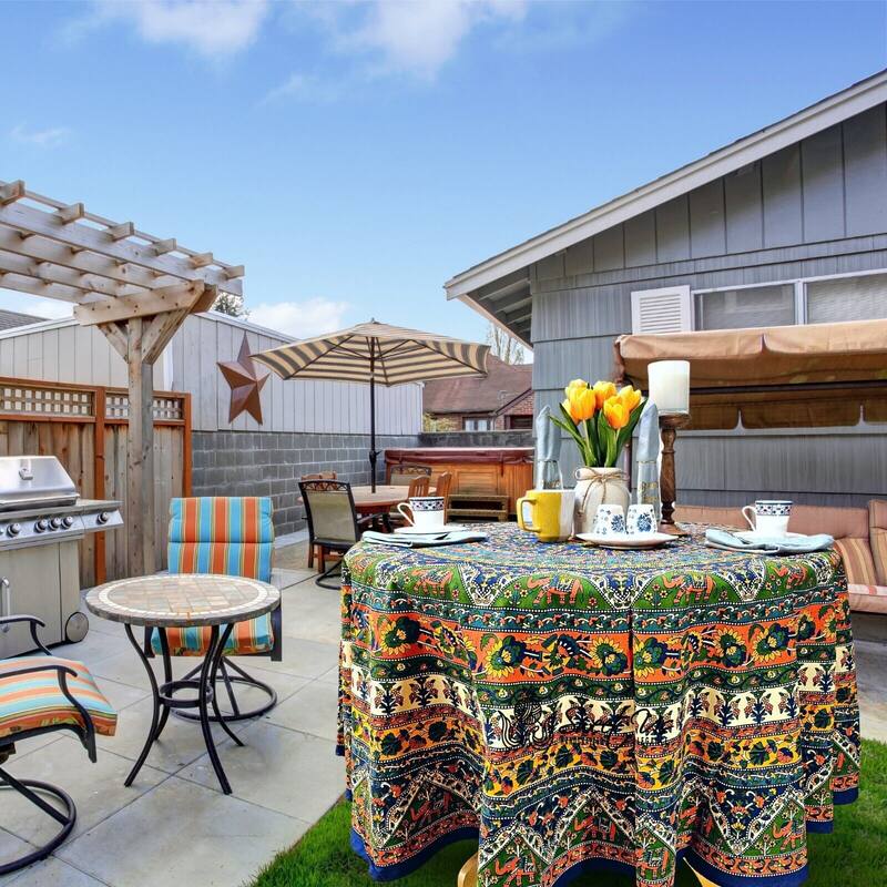 Cotton Mandala Floral Elephant Printed Tablecloth Collection - 72 inches Round - Red