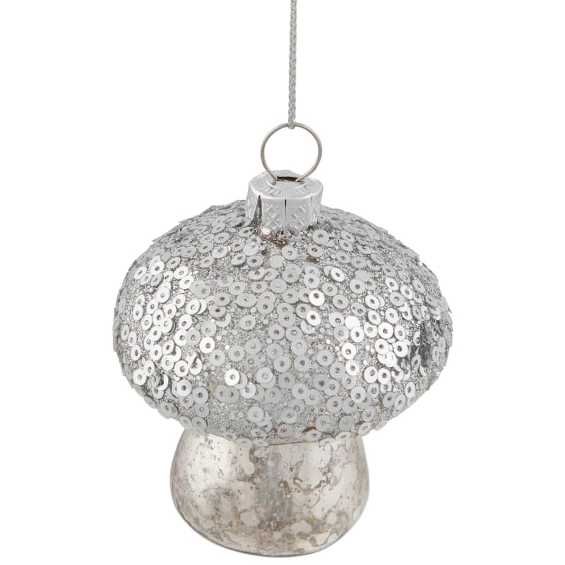 3.5" Sequined Silver Mushroom Glass Christmas Ornament