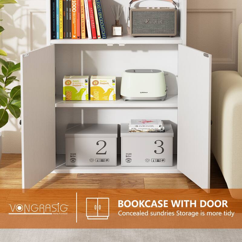 Farmhouse 6-Tier Open Bookcase and Bookshelf with Doors