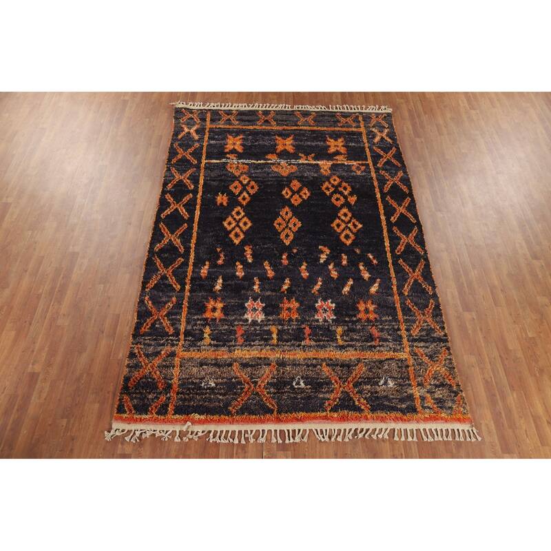 Navy Blue Plush Moroccan Area Rug Handmade Wool Carpet - 7'2" x 10'9"