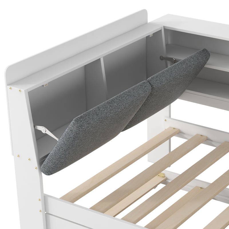 Twin Size Platform Bed with Trundle Bed, Built-in Storage Headboard, Shelves, and Rotating Board, Upholstered Backrest