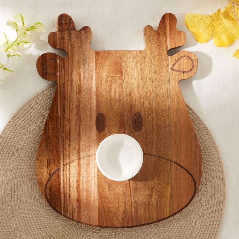 Tabletops Gallery Set of 2 Reindeer Acacia Wood Serving Board with Ceramic Bowl