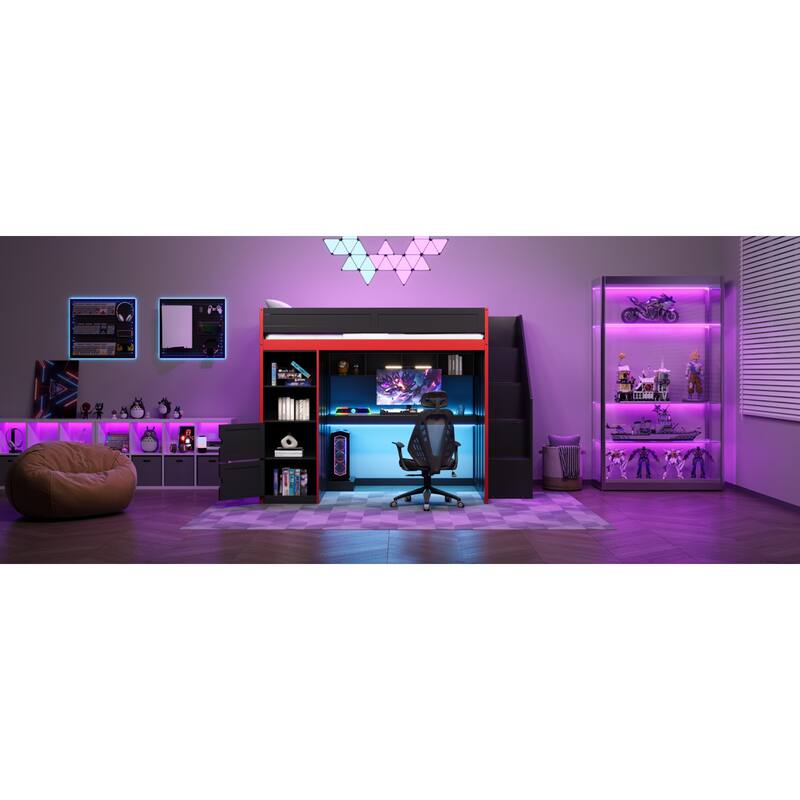 Roomfitters Twin/Full Gaming Loft Bed with Desk, Storage Locker and LED Lights, Black
