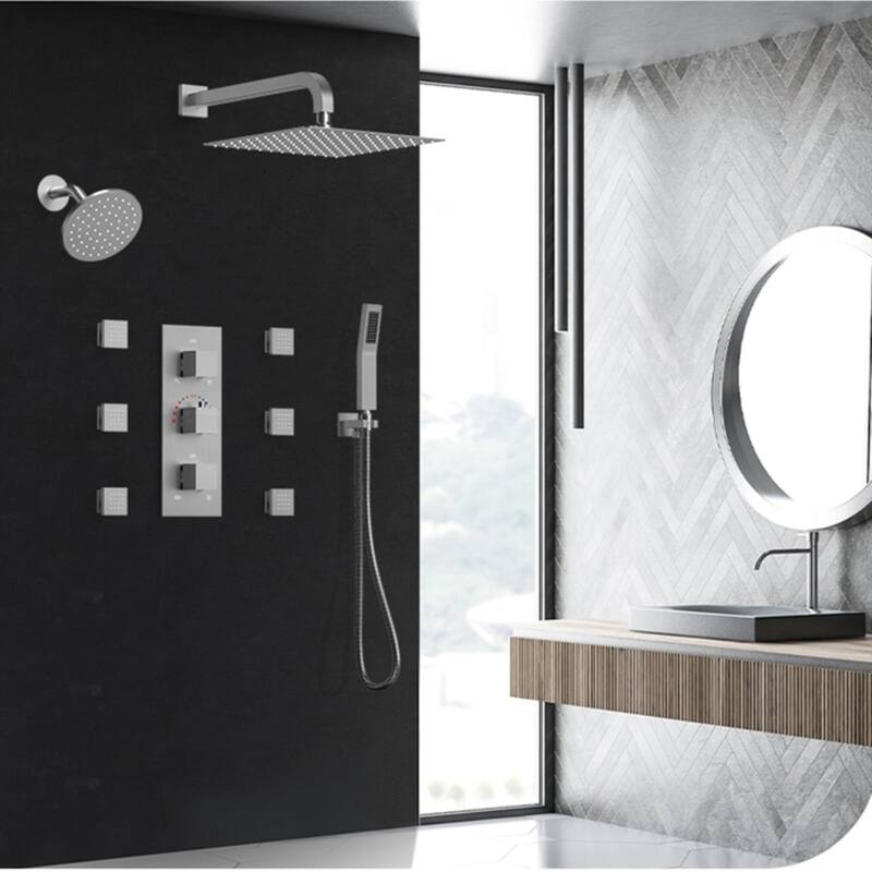 Thermostatic Dual Shower System 12" and 6" Rainfall Shower Head with 6 Body Jets & Handheld Shower