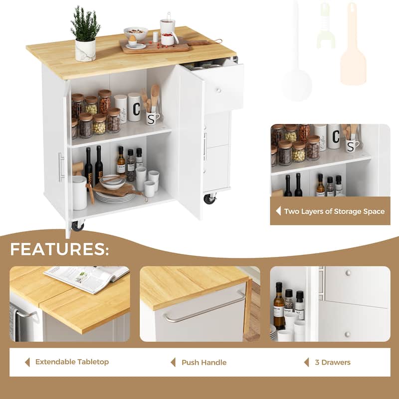 Rolling Kitchen Island with Storage Cabinet & 3 Drawers – Mobile Storage Cart with Extendable Countertop for Small Spaces