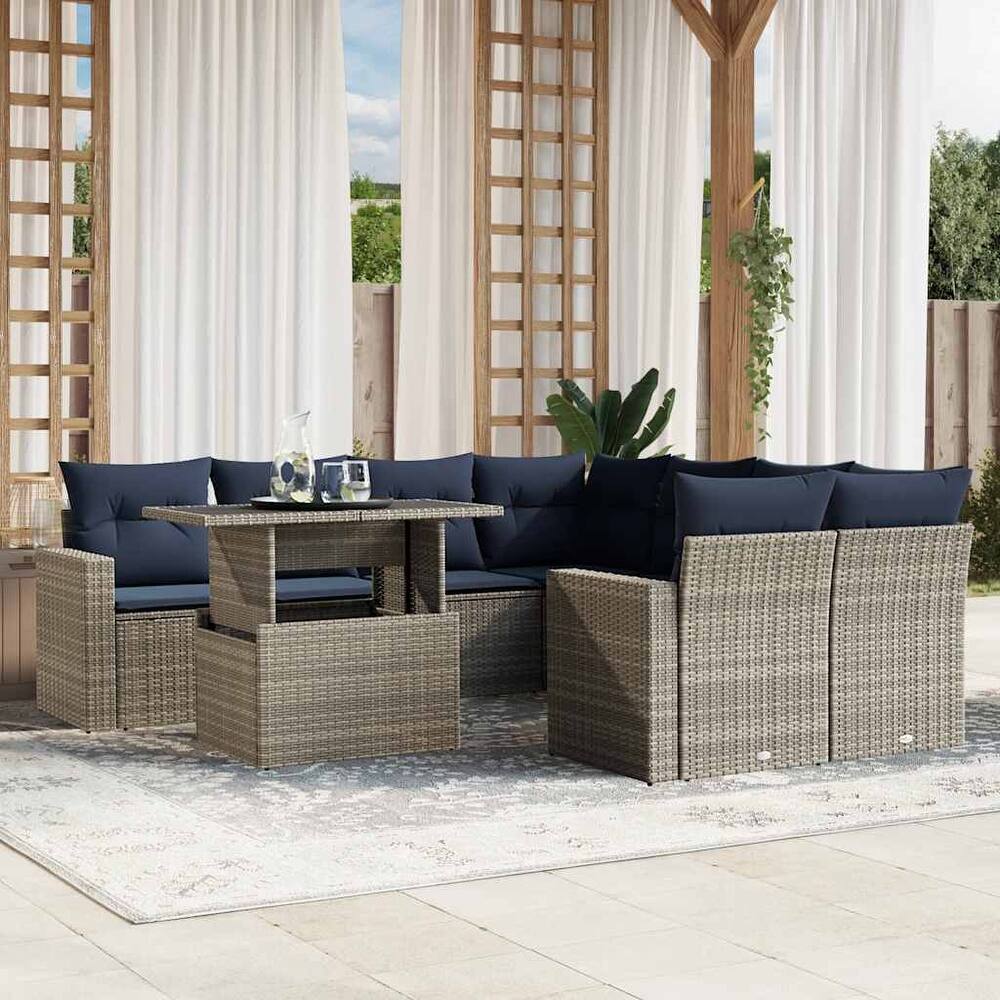 vidaXL Patio Sofa Set with Cushions and Table Outdoor 9 Piece Poly Rattan - 24.4 x 24.4 x 27.2