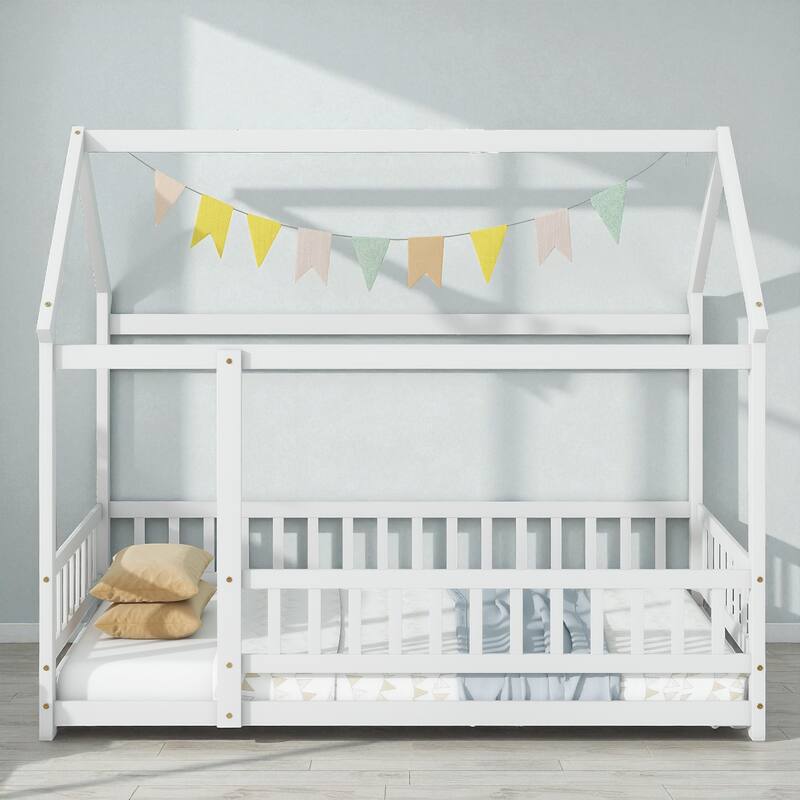 Twin Size Wooden House Floor Bed with Roof Frame and Safety Guardrails, Solid Rubber Wood Montessori Bed for Kids