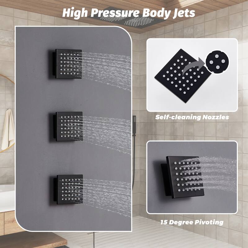 Luxury 5-Spray Patterns 28 in. Ceiling Mount Shower System with Handheld Shower Head, 3 Body Jets, LED, and Music - 16" x 28"