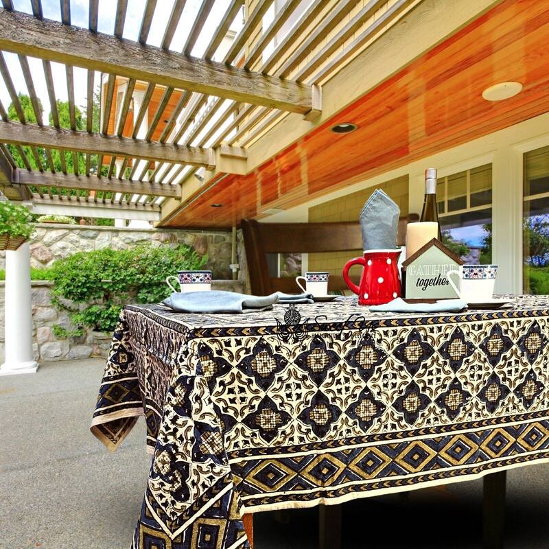 Vegetable Dyed Block Print Cotton Moroccan Tablecloth Collection - 88 x 104 in - Forest Twilight