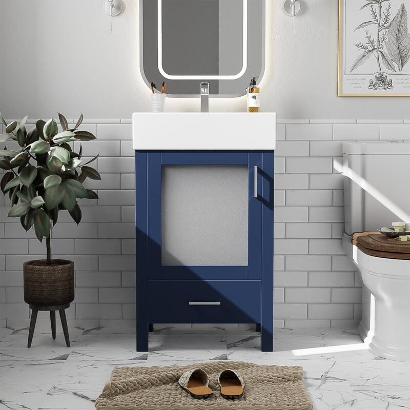 20-Inch Blue Bathroom Vanity with Ceramic Sink, Soft-Close Door & Ample Storage for Small Spaces - 15.16in L Solid Wood+MDF