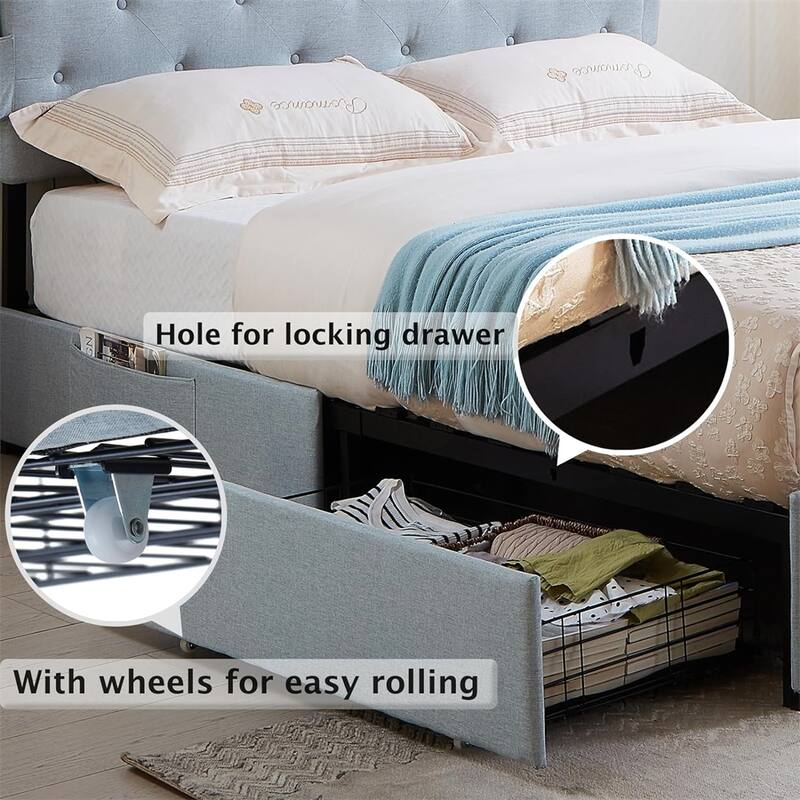 Queen Size LED Bed Frame with USB Charging Station & 4 Storage Drawers