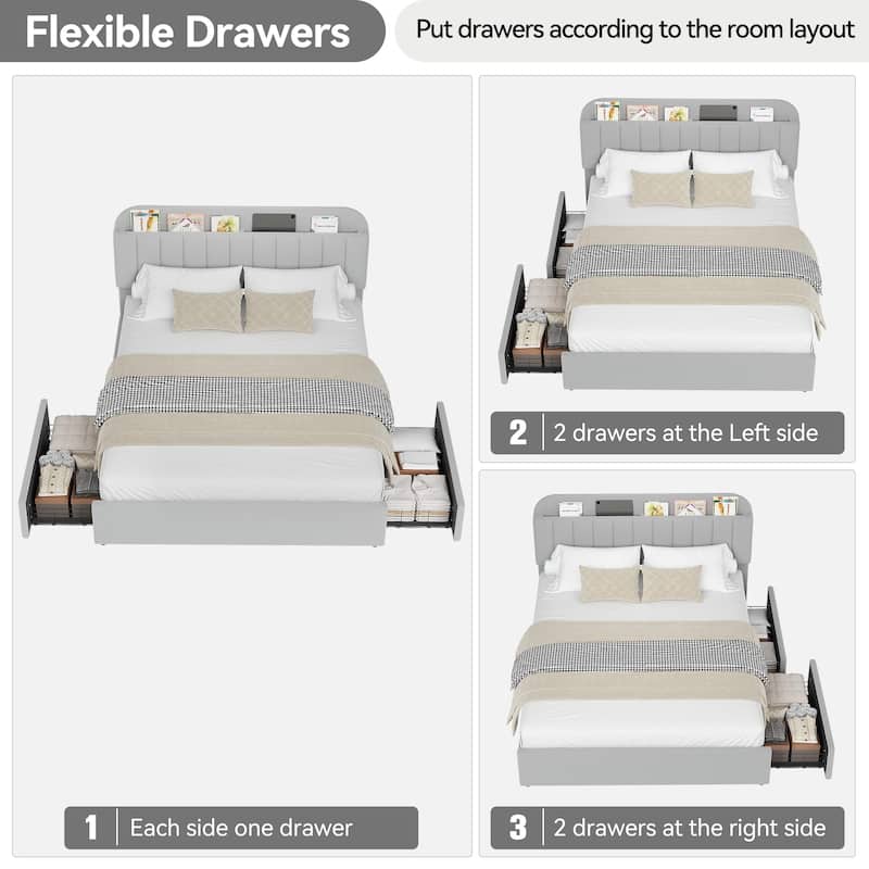 Twin XL/Queen Bed Frame with 2 Flexible Drawers and Bookcase Headboard, Boucle Upholstered Platform Bed for Boys/Girls