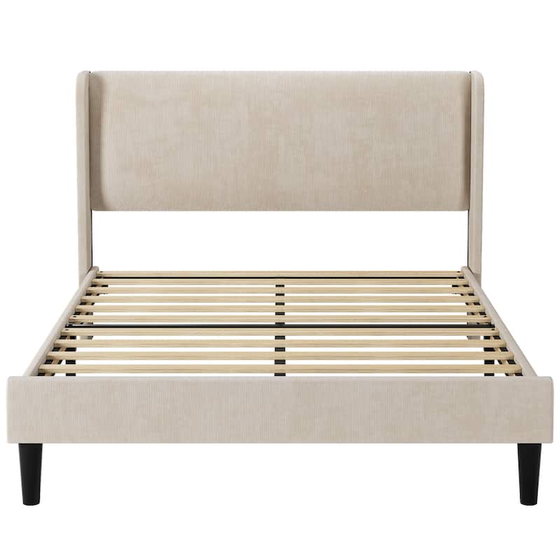 Velvet Bed Frame Full Size with Wingback Headboard and Storage Pockets
