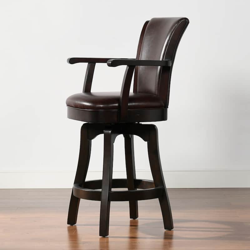 Williams Swivel Upholstered Bar Stool - Counter or Bar Height - 27 or 31 Inch - Solid Oak Wood Frame - Minimal Assembly - Single - Vintage Brown Faux Leather - Counter Height
